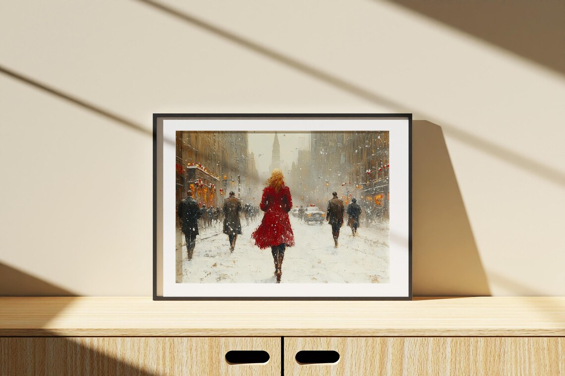 Striking Woman in a Red Coat on a Snowy City Street Art Poster - Image 6