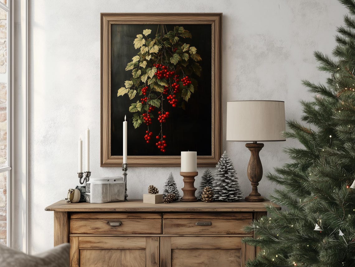 Vivid Hanging Red Currants Botanical Branch on Dark Art Poster - Image 4