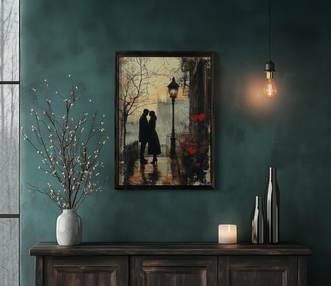 Romantic City Lovers Kiss on a Rainy Lamplit Street at Night Poster - Image 2