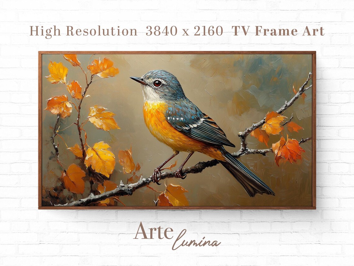 Orange Breasted Songbird On Branch With Autumn Leaves Oil Style Poster