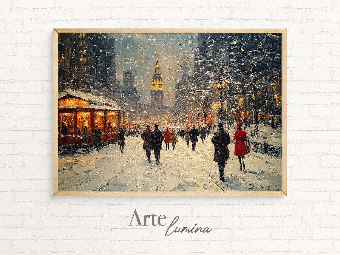 Snowy Vintage City Street With Glowing Tower Trolley And Crowds Poster