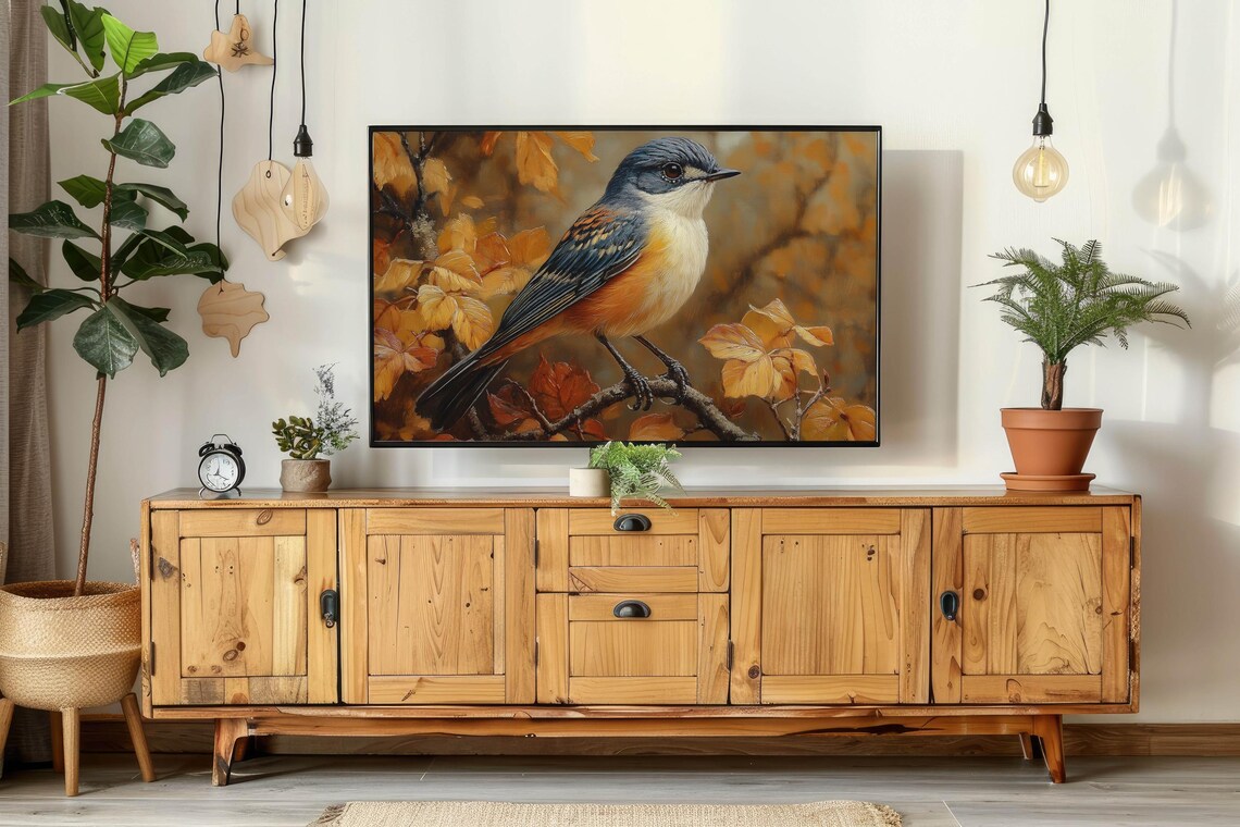 Blue And Orange Songbird On Autumn Branch Among Golden Leaves Poster - Image 4