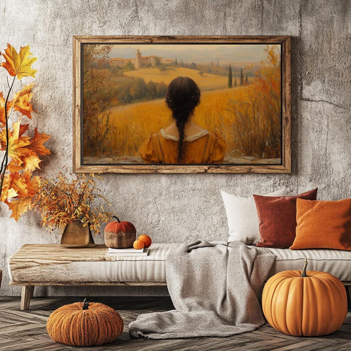 Girl Overlooking Golden Countryside With Distant Village Poster - Image 2