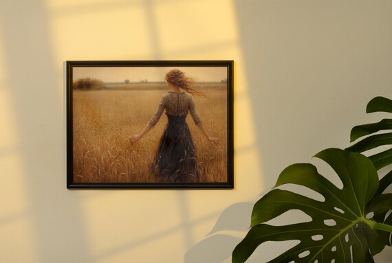 Woman In Dark Dress Amid Golden Wheat Field Windswept Vintage Art Poster