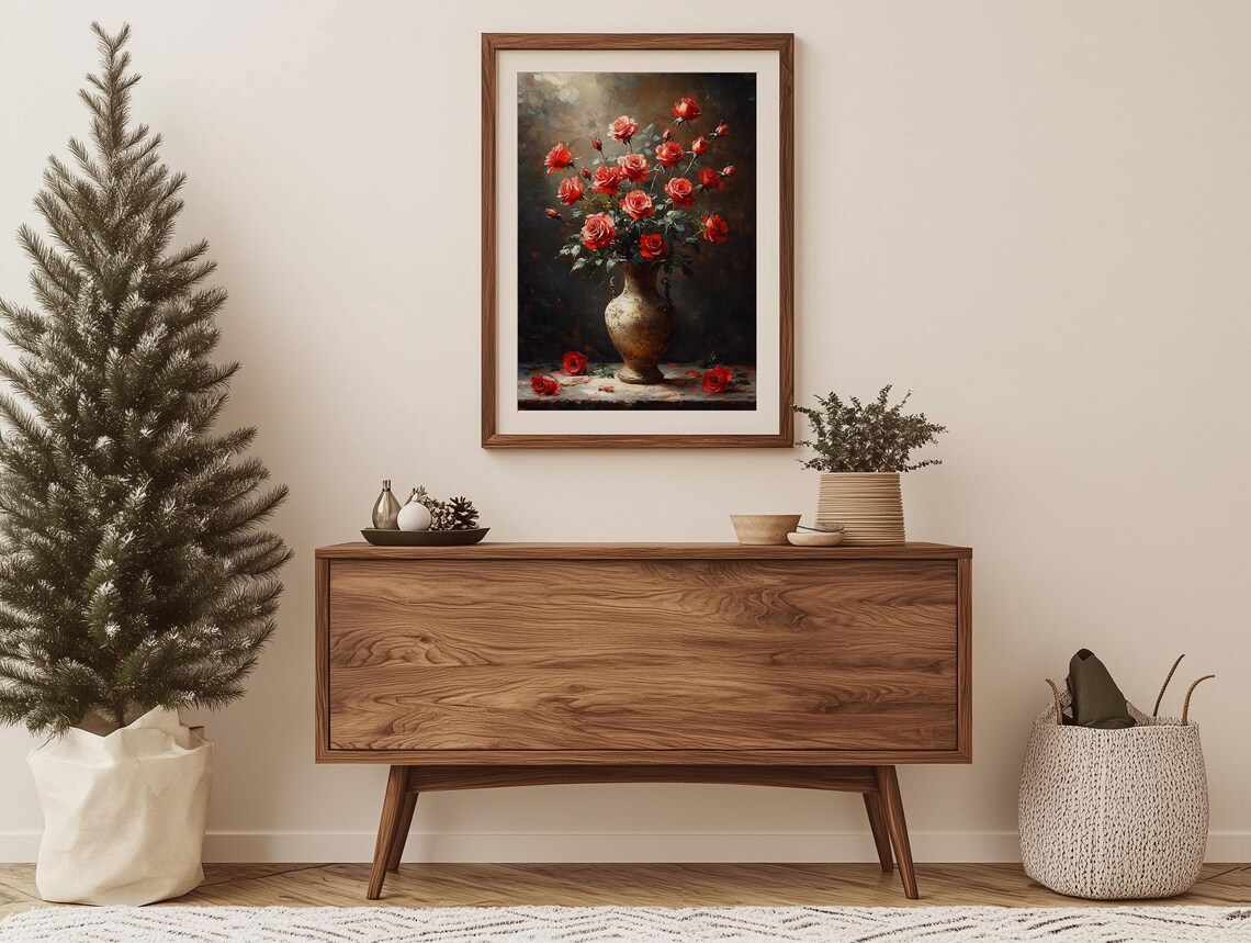 Moody Scarlet Red Roses in an Antique Gold Vase Still Life Poster - Image 6