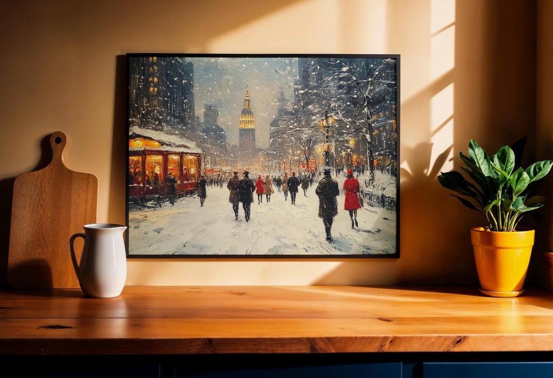 Snowy Vintage City Street With Glowing Tower Trolley And Crowds Poster - Image 5