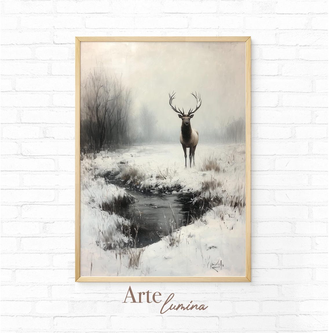 Noble Stag Beside a Misty Snowy Winter Stream Wildlife Poster - Image 7