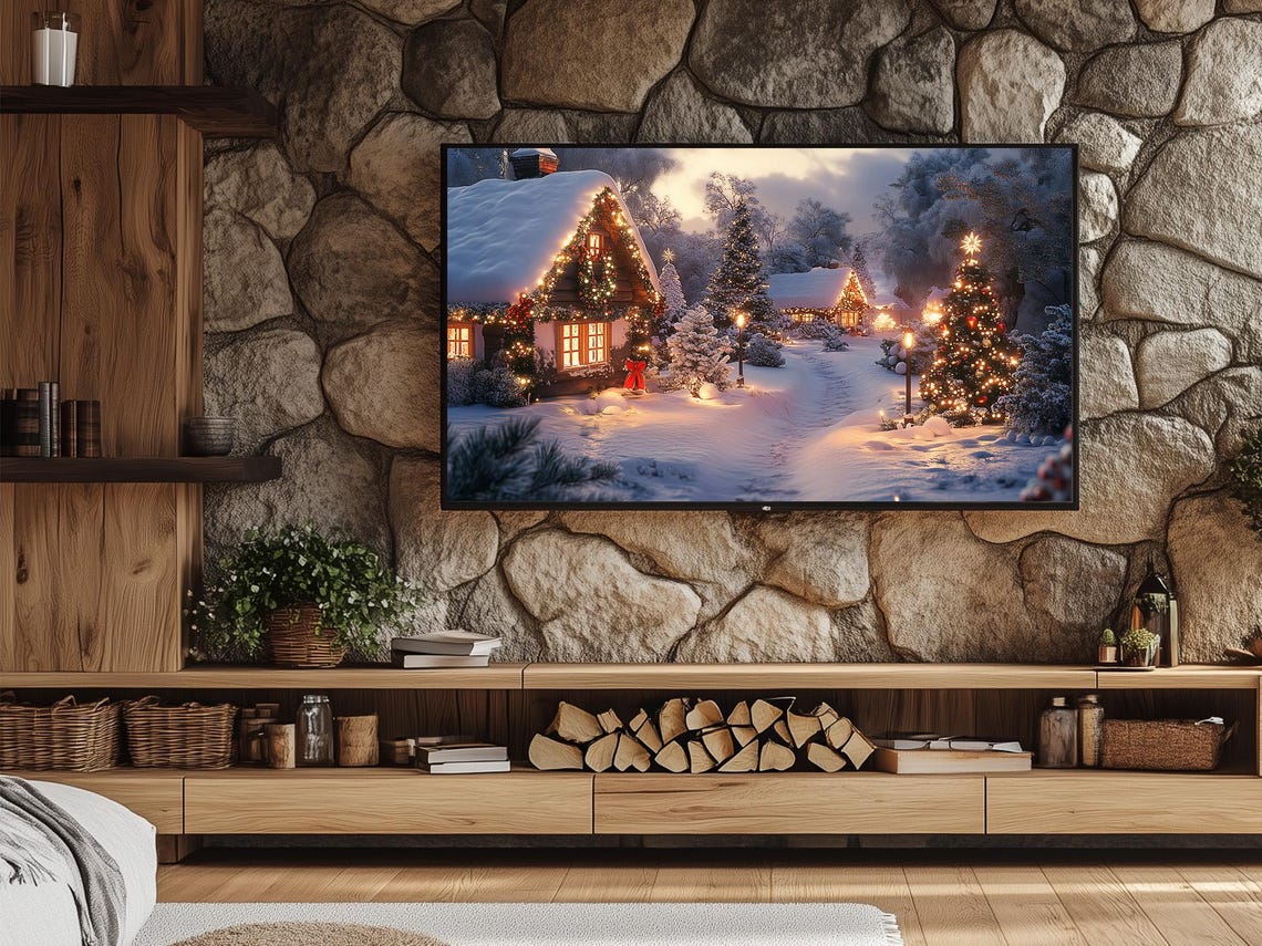 Snow Covered Christmas Cabin With Lights In Glowing Village Poster - Image 7