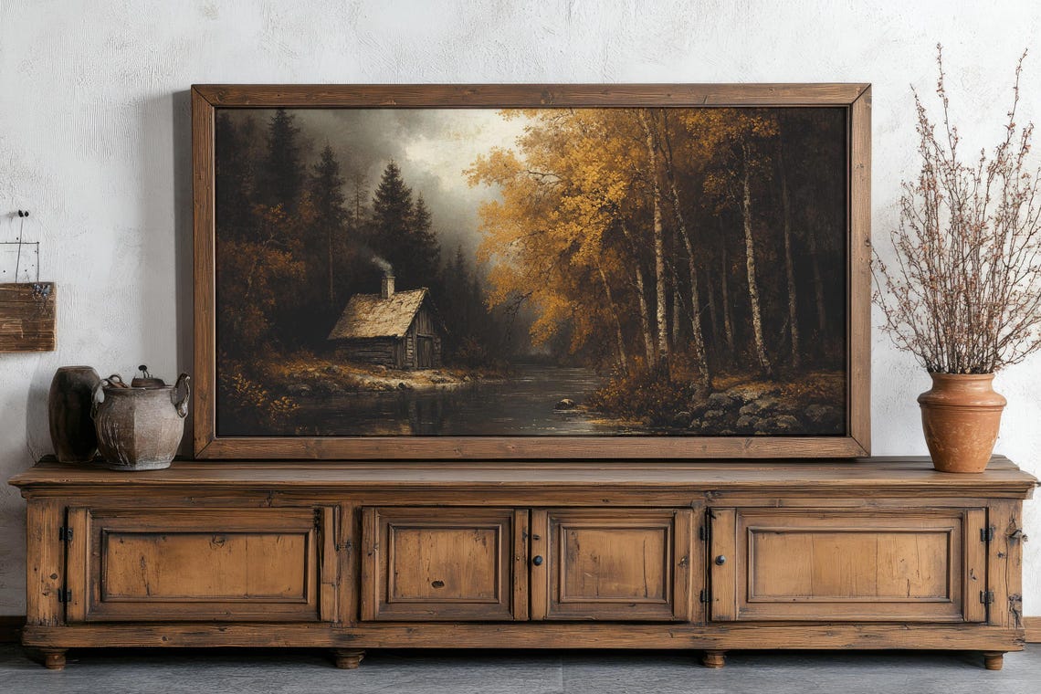 Golden Autumn Cabin Beside a Quiet Forest River Landscape Poster - Image 6