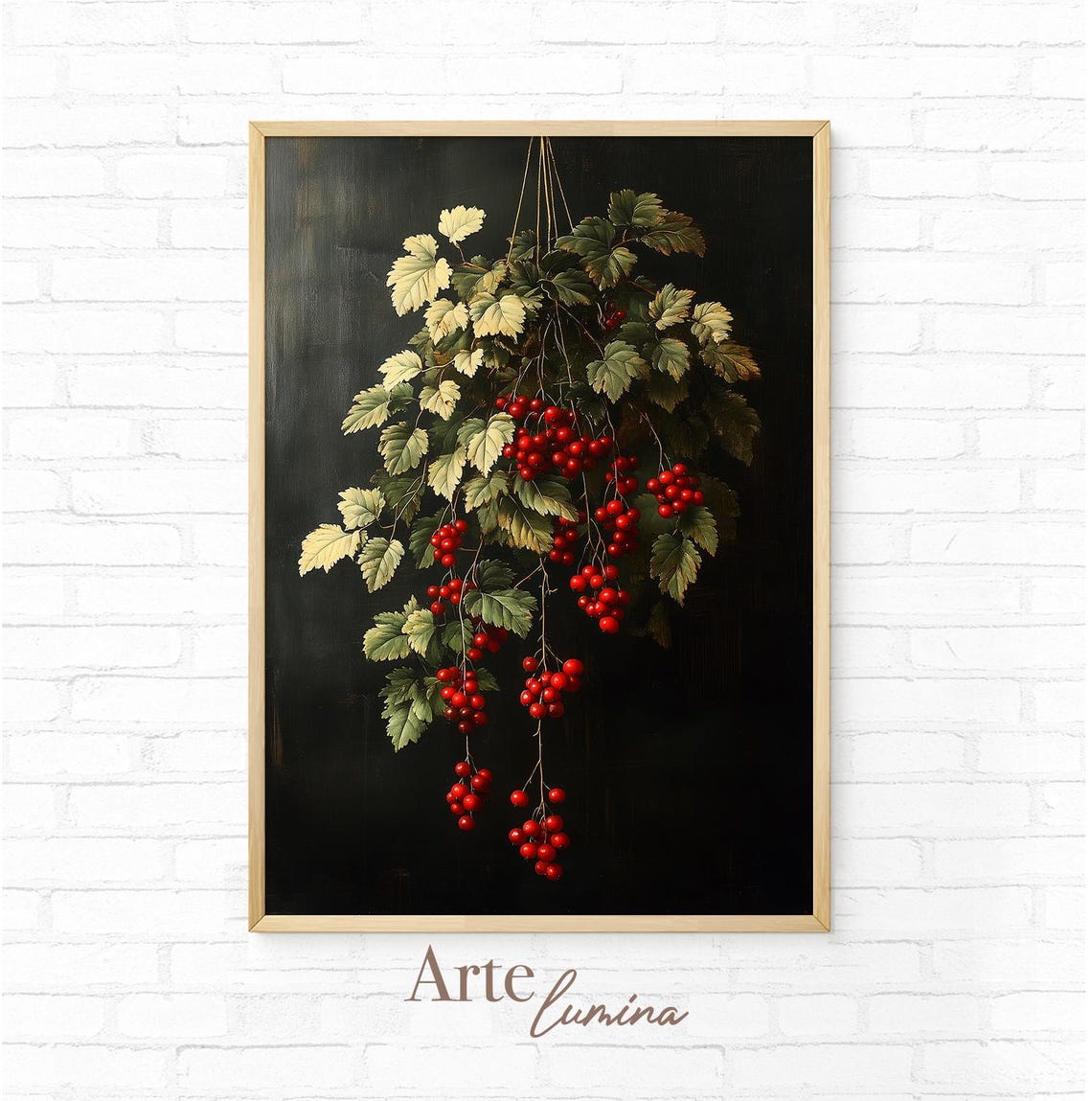 Vivid Hanging Red Currants Botanical Branch on Dark Art Poster