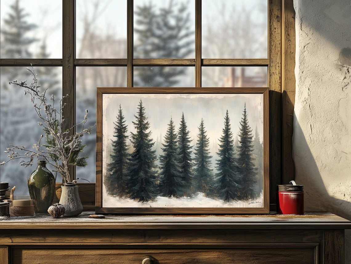 Seven Snowy Pine Trees In Winter Mist Minimalist Vintage Forest Poster - Image 5