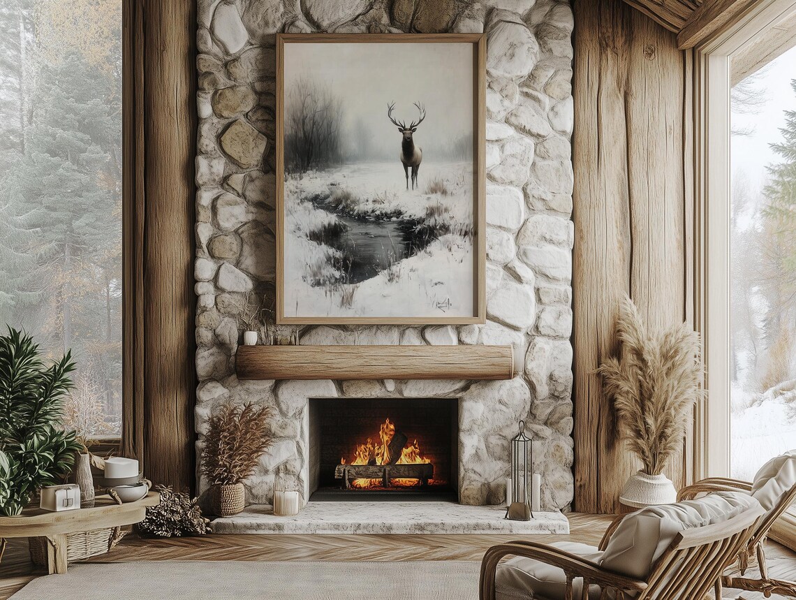 Noble Stag Beside a Misty Snowy Winter Stream Wildlife Poster - Image 3
