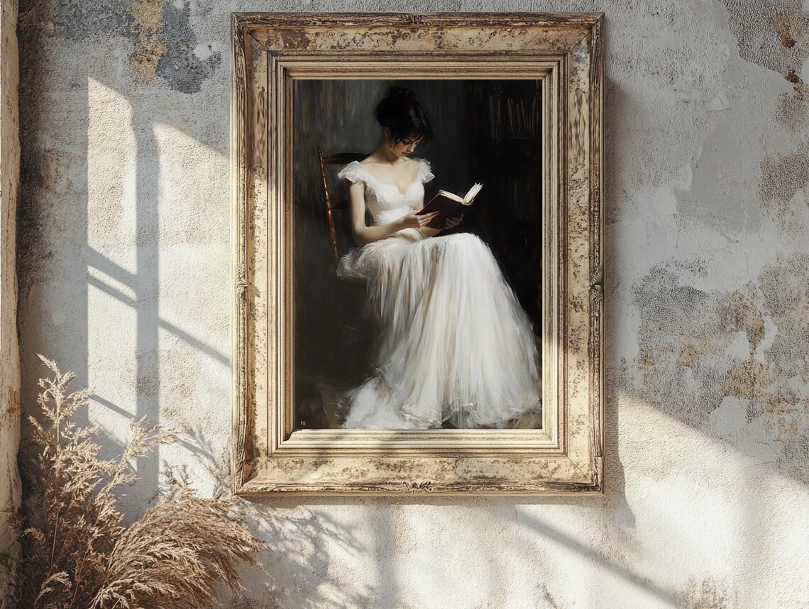 Graceful Woman Reading a Book in a Flowing White Gown Art Poster - Image 5
