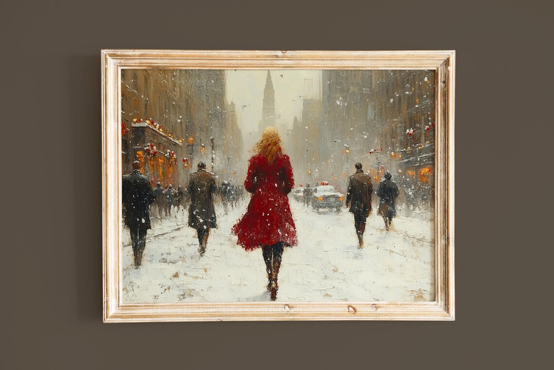 Striking Woman in a Red Coat on a Snowy City Street Art Poster - Image 7