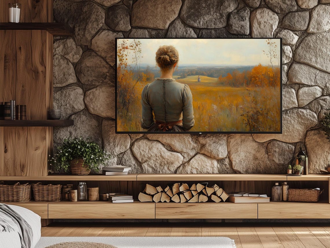 Woman Gazing Over Golden Autumn Field With Distant Figure Poster - Image 4