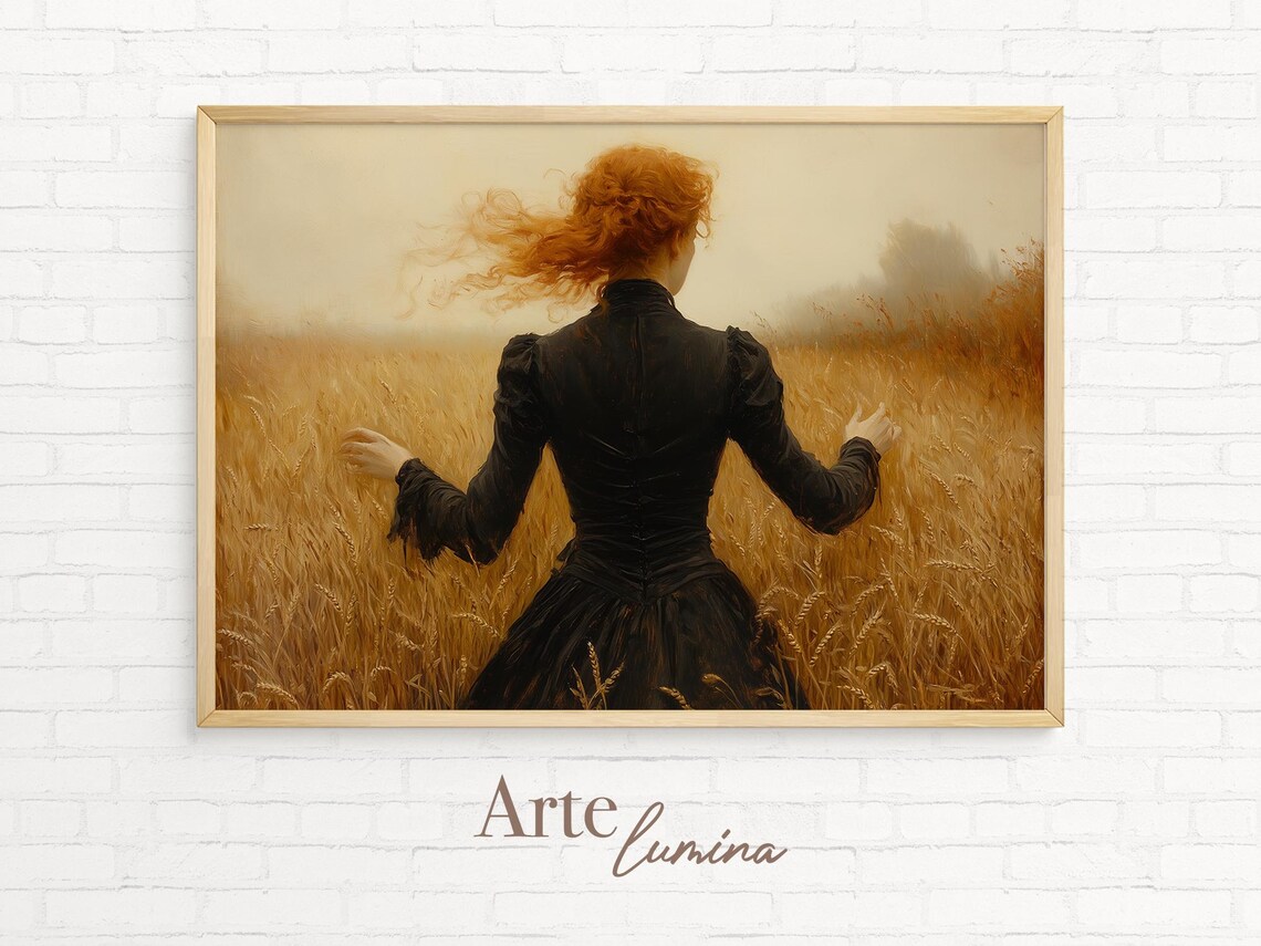 Auburn Haired Woman In Black Gown Facing Golden Wheat Field Dusk Poster - Image 7