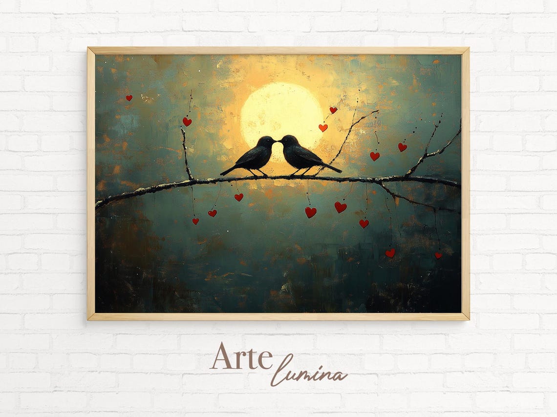 Two Lovebirds Kissing on a Branch Under a Golden Full Moon Poster