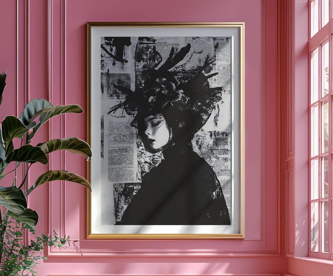 Dramatic Black And White Newspaper Woman Portrait Fashion Wall Art - Image 5