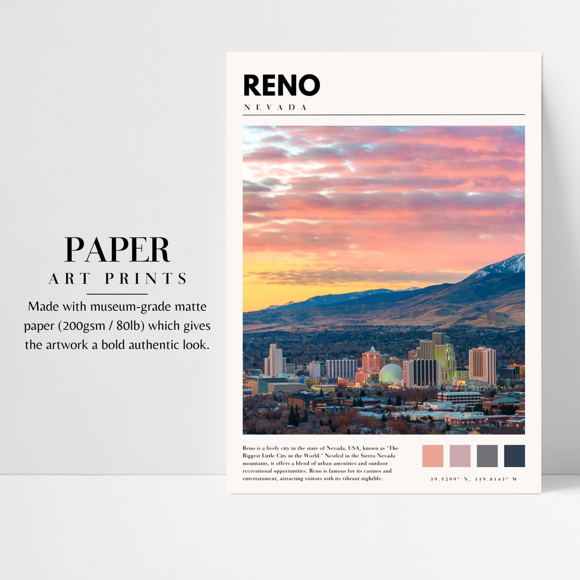Reno Nevada City Skyline Sunset Pink Clouds Mountain View Poster - Image 3