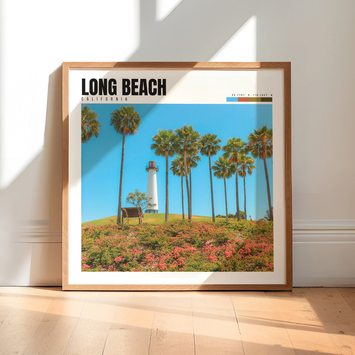 Long Beach California Lighthouse Palm Trees Flower Hill Poster