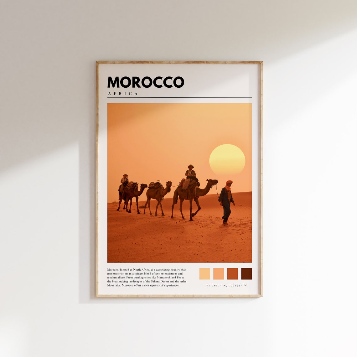 Morocco Sahara Desert Camel Caravan Sunset Golden Light Travel Poster