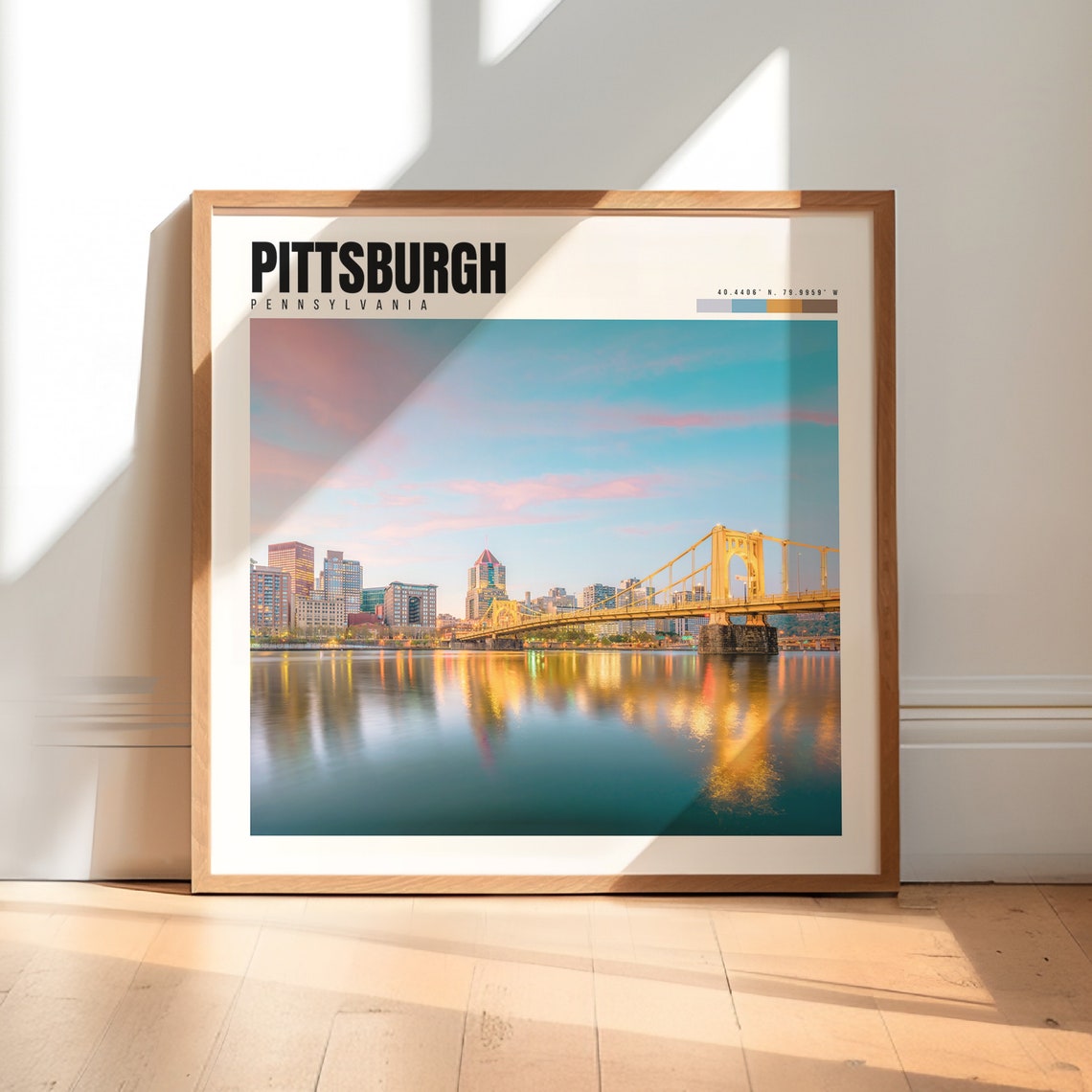 Pittsburgh Poster with Roberto Clemente Bridge and Skyline at Dusk