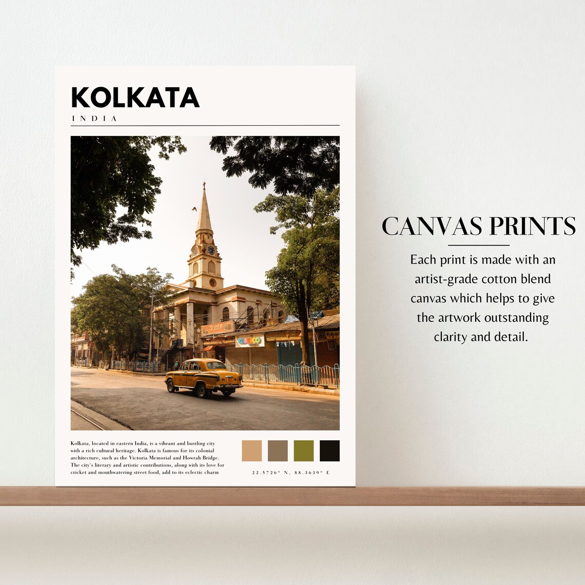 Kolkata India Yellow Taxi Colonial Street Church Spire Travel Poster - Image 2