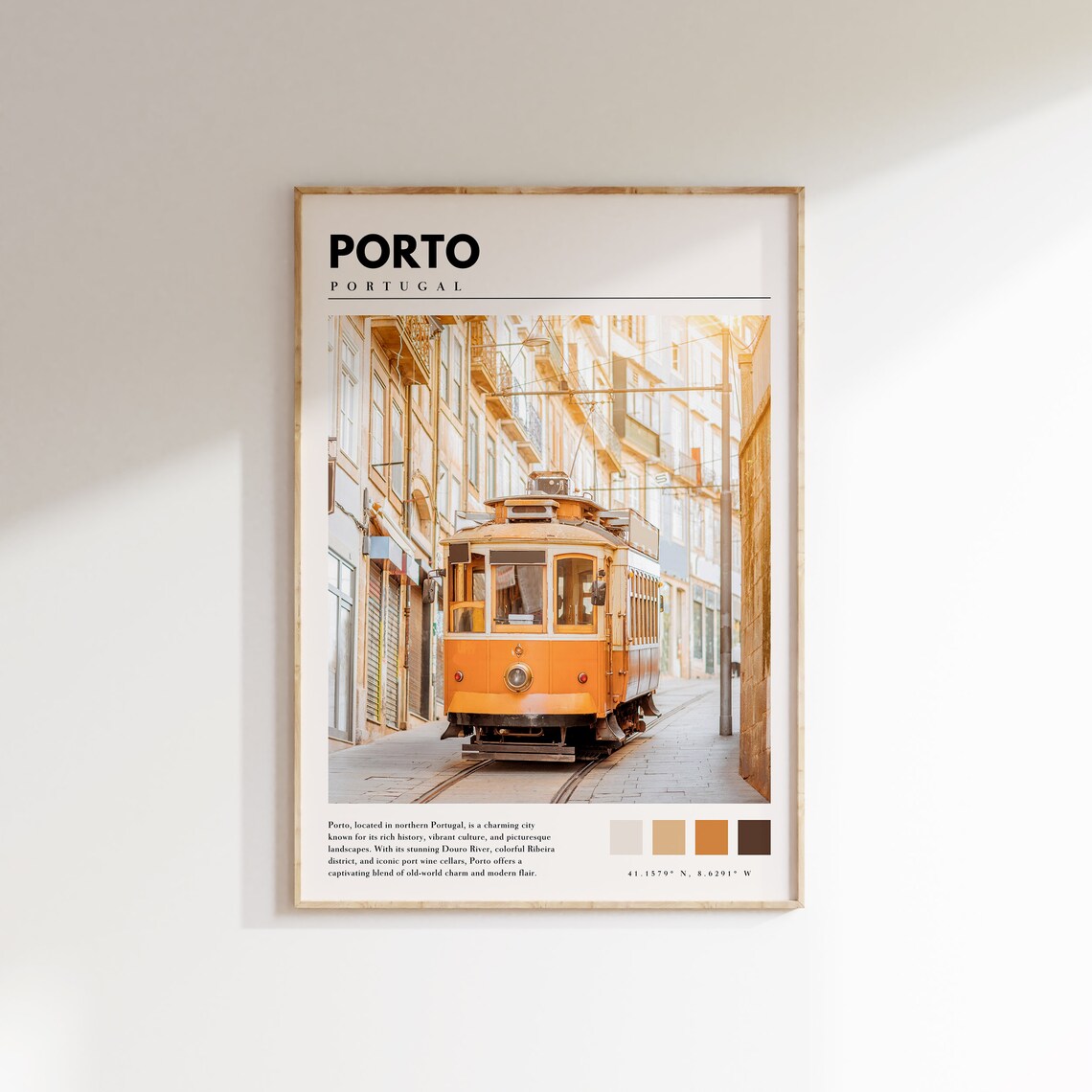 Porto Portugal Yellow Vintage Tram Old Town Street Travel Poster