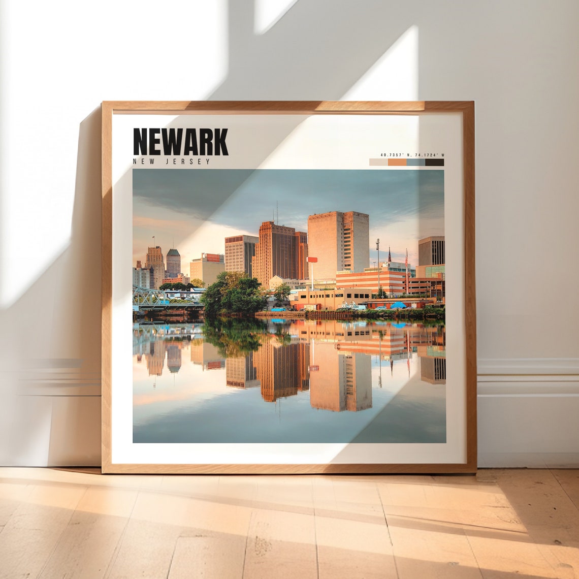 Newark New Jersey Downtown Skyline River Reflection Sunset View Poster