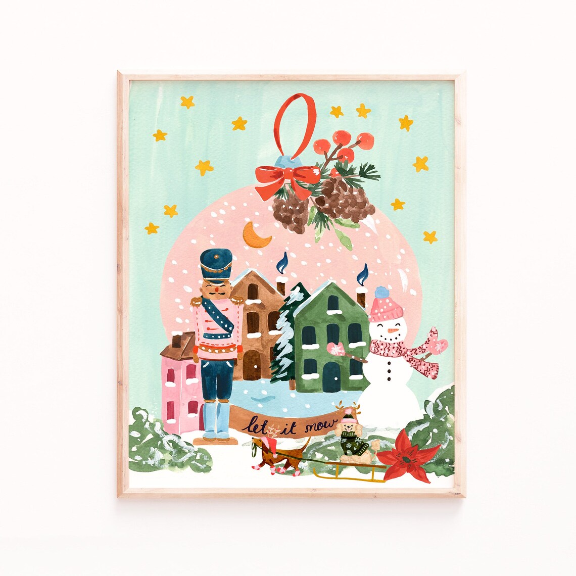 Snow Globe Christmas Art Print, Festive Holiday Decor