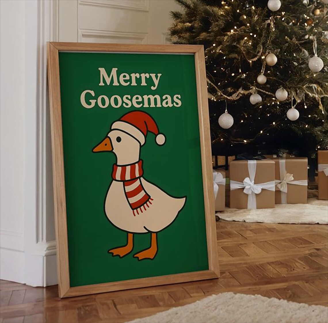 Merry Goosemas Goose In Santa Hat Green Christmas Holiday Art Poster
