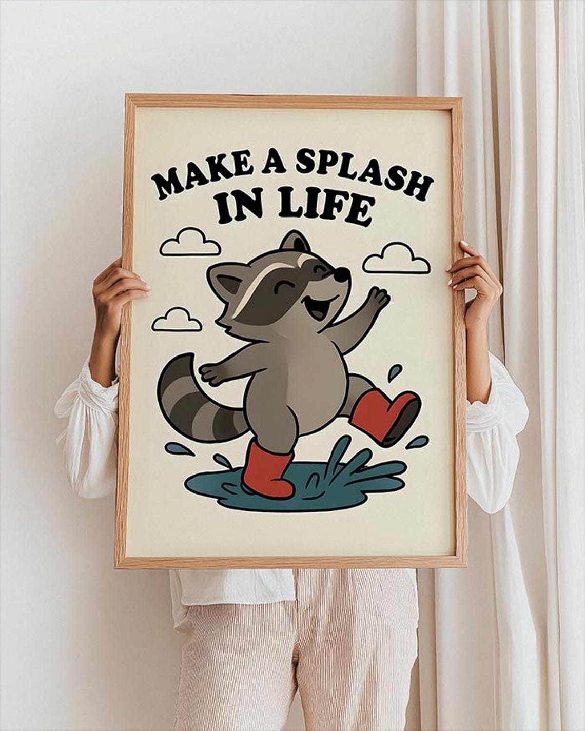 Raccoon Jumping Puddle Make a Splash in Life Quote Art Poster