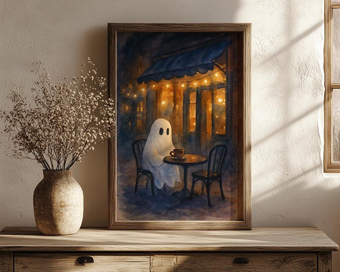 Coffee Shop Watercolour Poster Cozy Autumn Caf Wall Art Halloween Print Spooky Fall