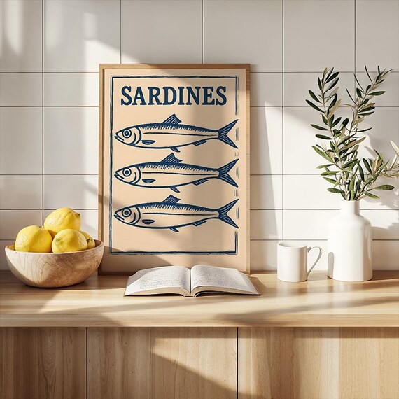 Vintage Sardine Fish Print Retro Coastal Kitchen Wall Art