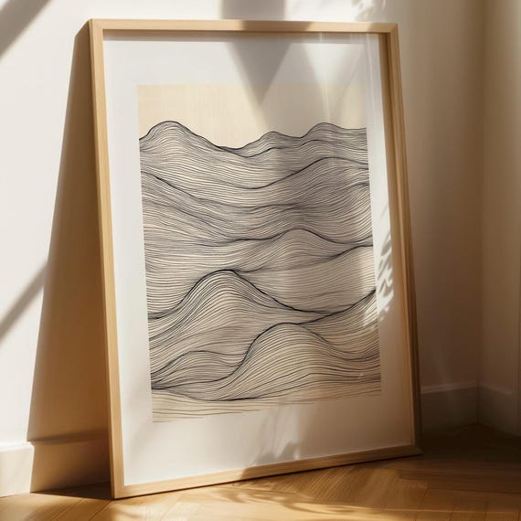 Minimalist Line Art Abstract Mountain Print Black And White Landscape Modern Wall Wavy Drawing