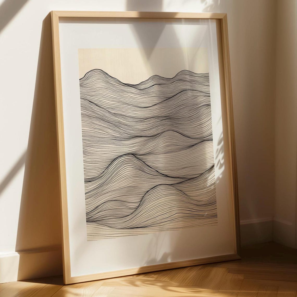 Minimalist Line Art Abstract Mountain Print Black And White Landscape Modern Wall Wavy Drawing