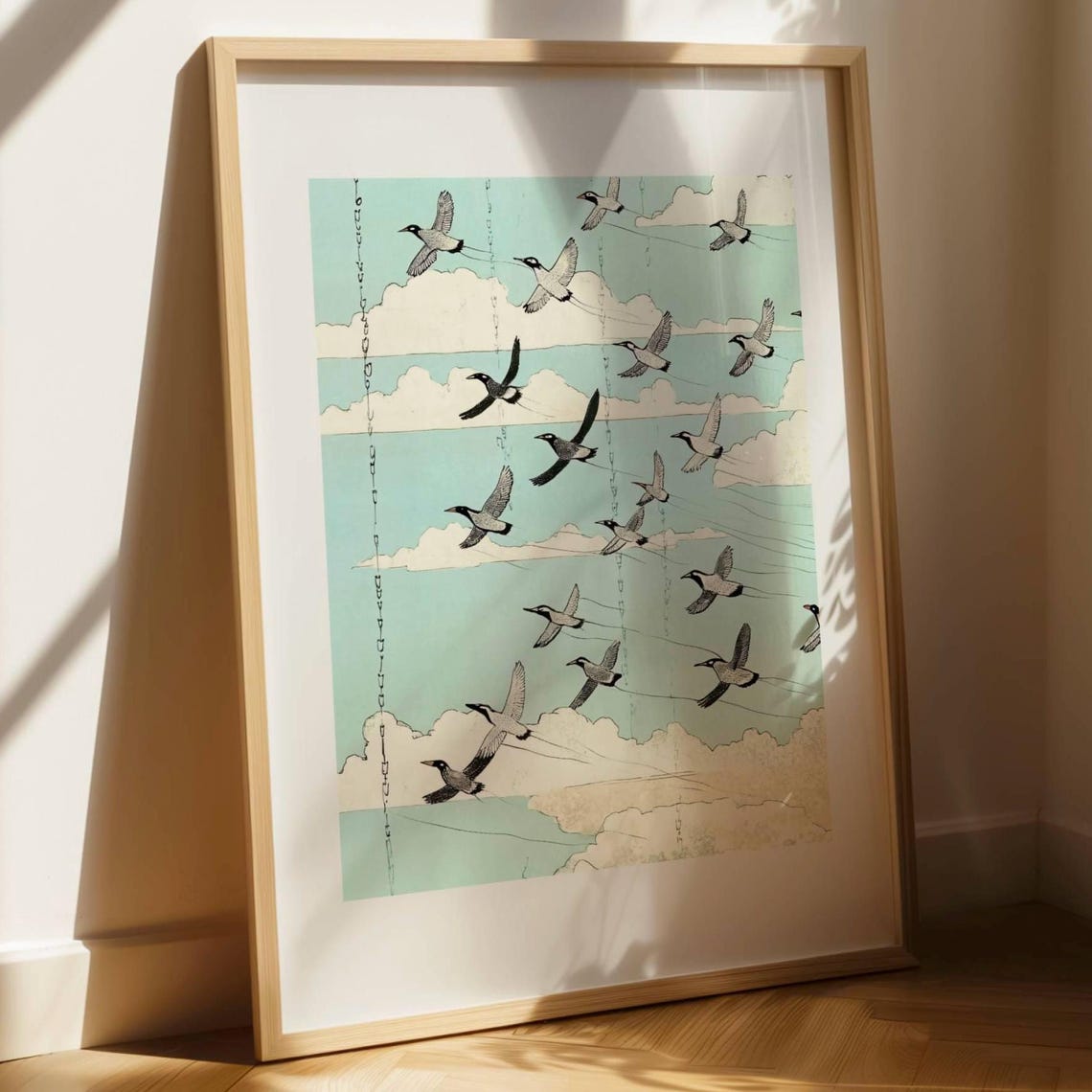 Birds Flying Among Soft Clouds Vintage Style Nature Art Print