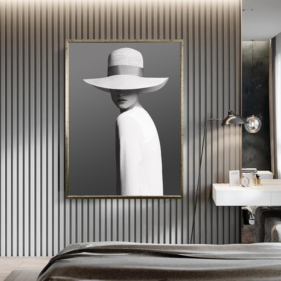 Black And White Woman In Wide Brim Straw Hat Fashion Portrait Poster
