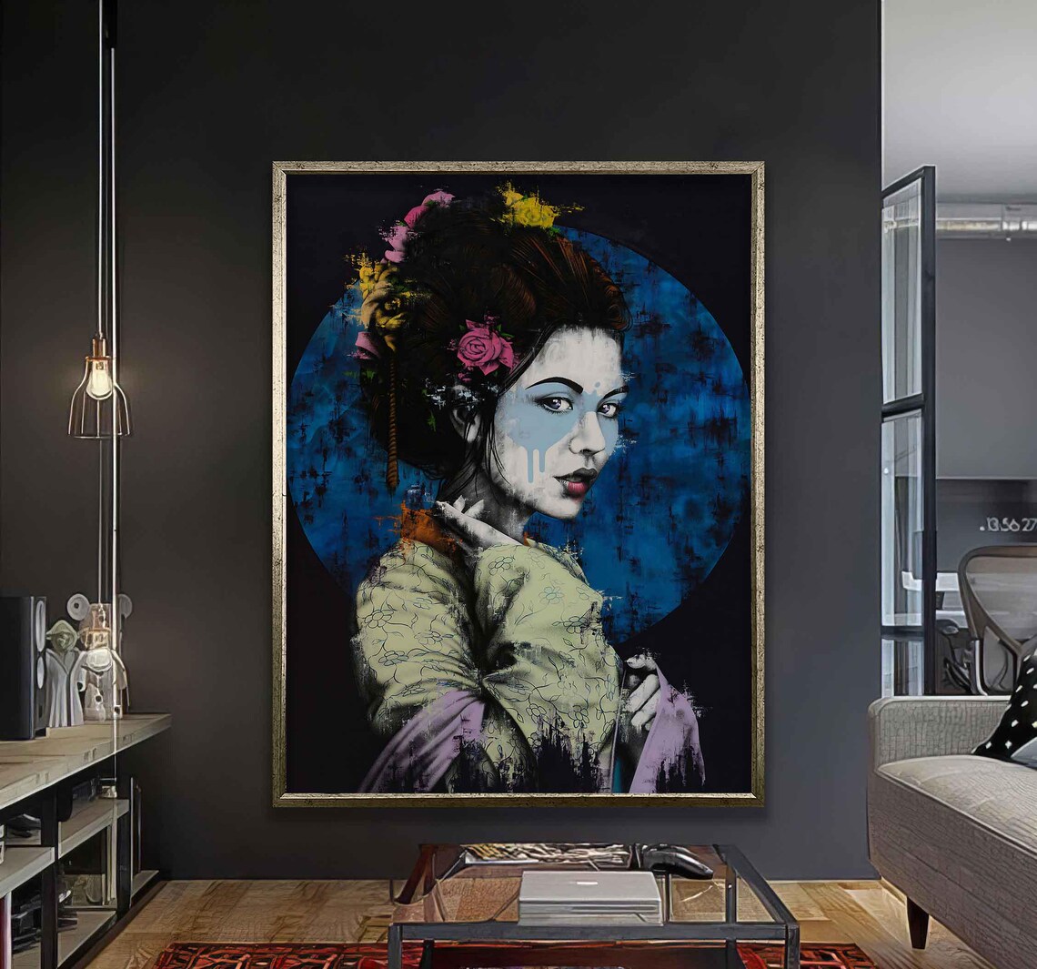 Modern Geisha Portrait Vibrant Abstract Blue Moon Floral Art Poster