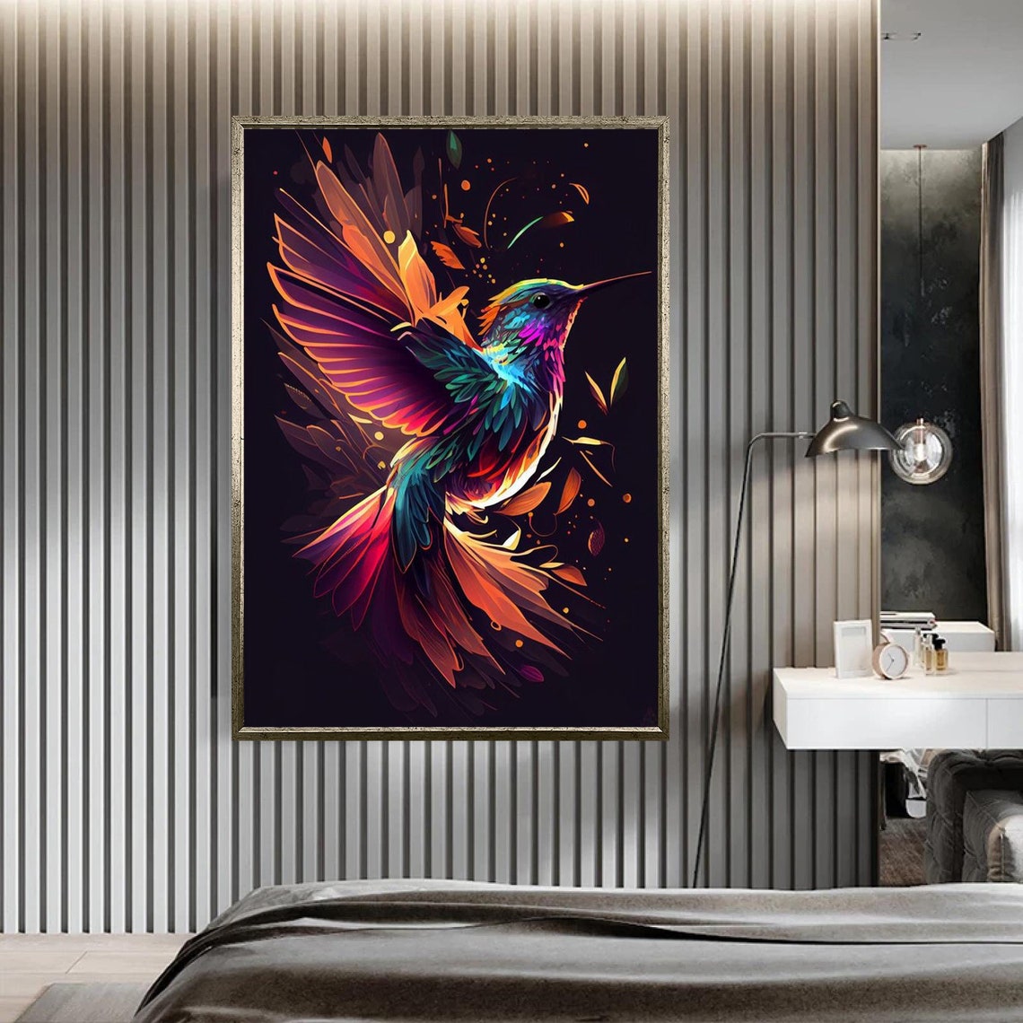 Neon Hummingbird Flight Abstract Bird Rainbow Feathers Modern Poster