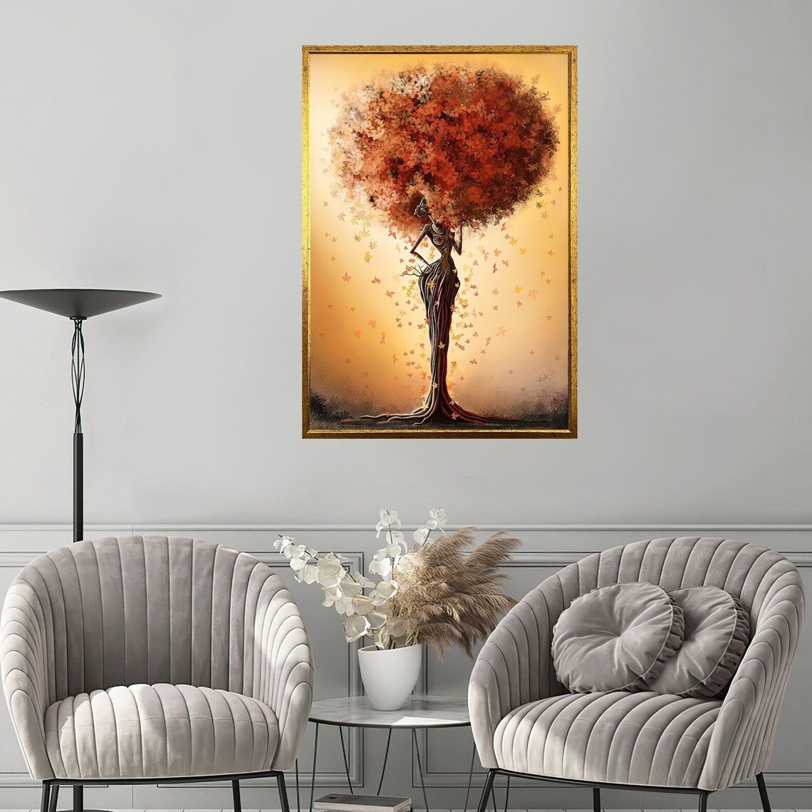Surreal Woman Tree Autumn Leaves Falling Dreamy Nature Wall Art Poster