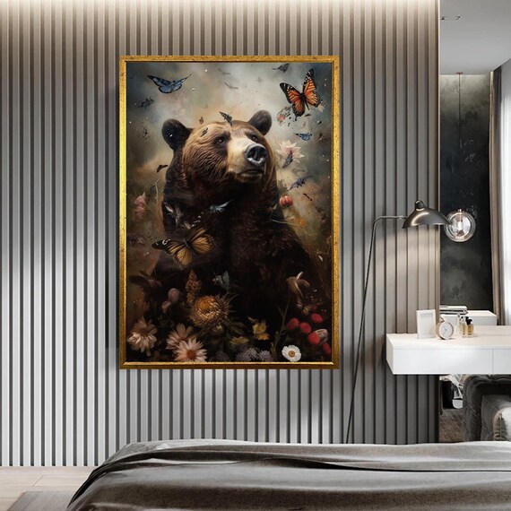 Brown Bear with Butterflies Wildflowers Dark Forest Animal Art Poster