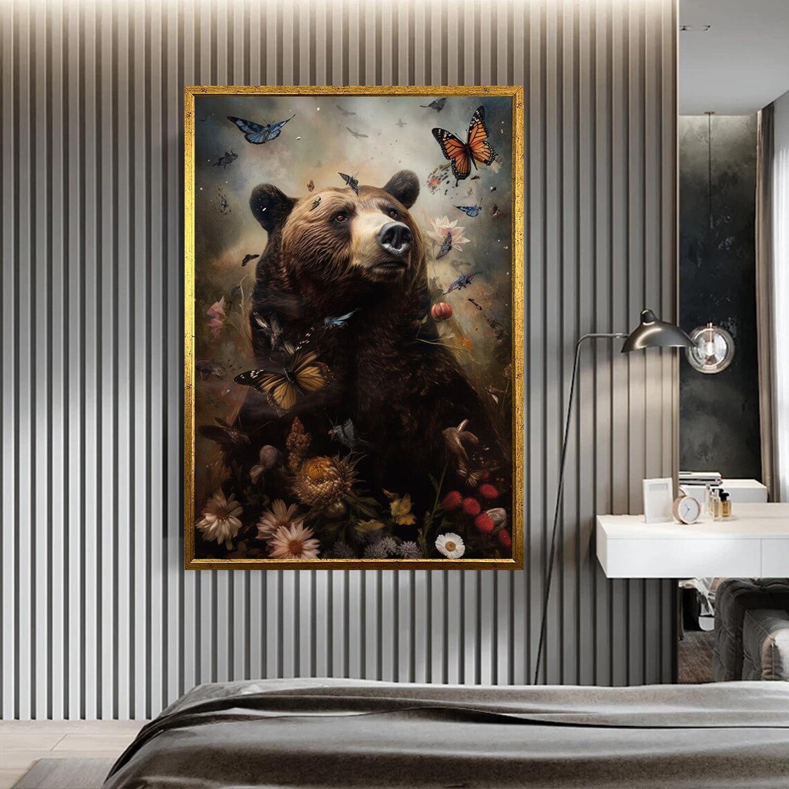Brown Bear with Butterflies Wildflowers Dark Forest Animal Art Poster