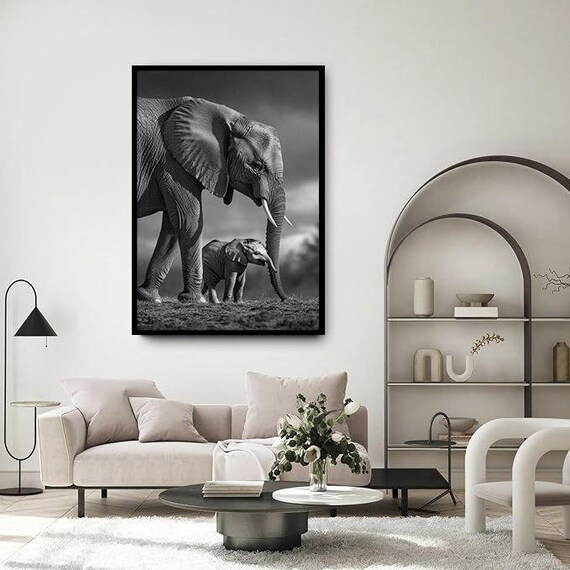 Elephant Mother And Baby Black And White Wildlife Photography Art Poster