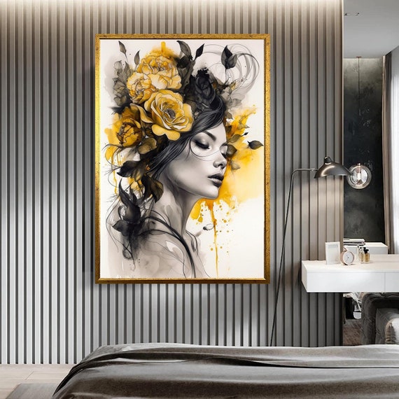 Woman With Yellow Blue Butterfly Print Abstract Woman Print Fashion Print Woman Art Poster Ready To Hang Print