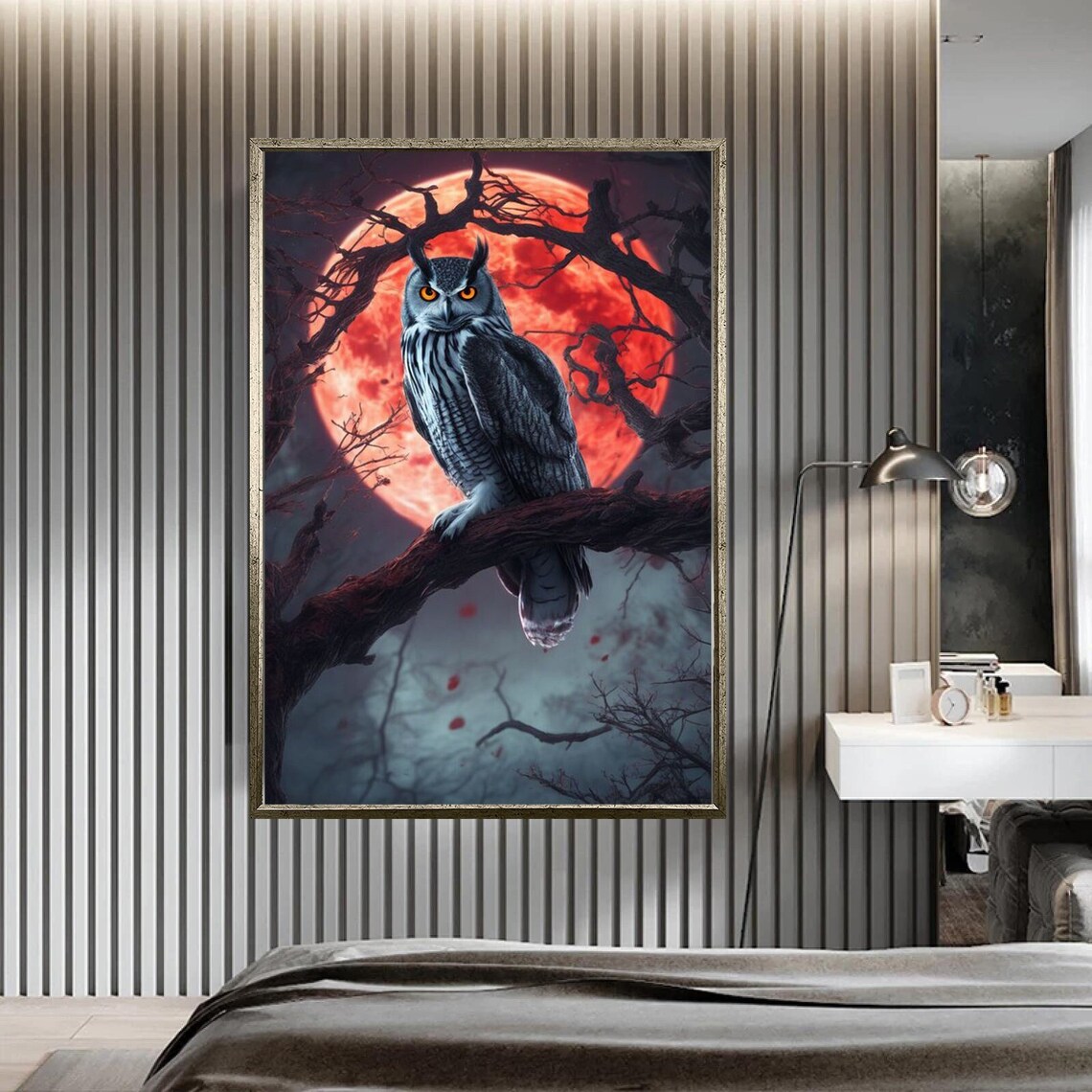 Great Horned Owl Red Blood Moon Branch Night Wildlife Dramatic Poster