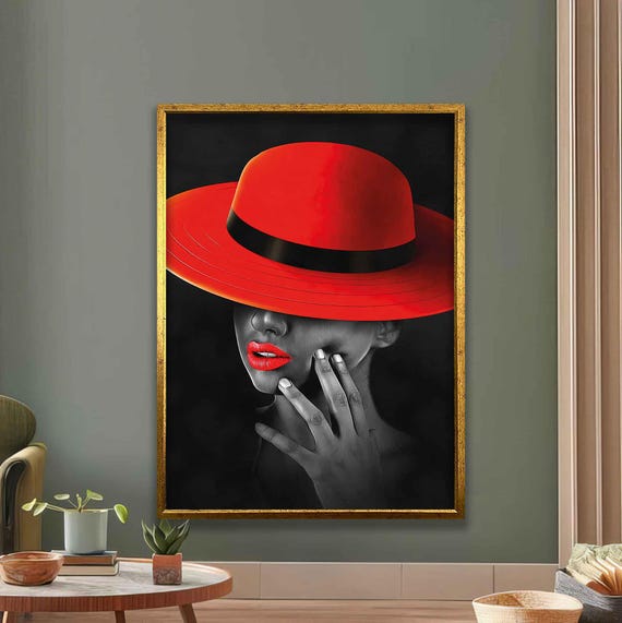 Red Hat Woman Black And Red Modern Wall Art Stylish Fashion Poster Elegant Feminine Portrait Glamorous Home And Office Decor