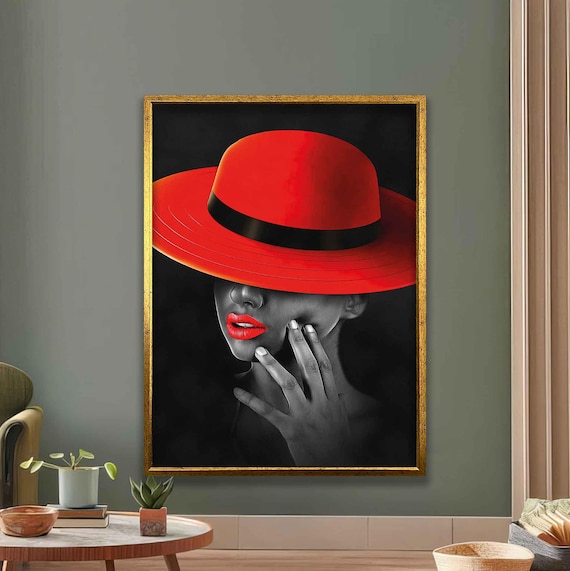 Red Hat Woman Glamorous Fashion Portrait Modern Red Black Print