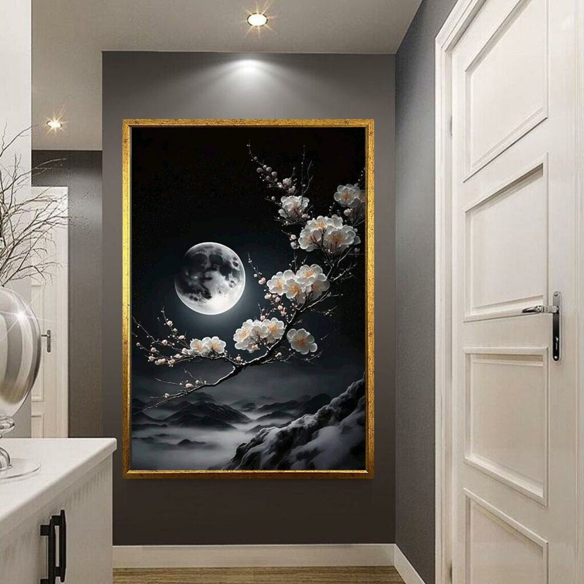 Moonlit Cherry Blossom Branch Misty Mountains Black White Night Poster
