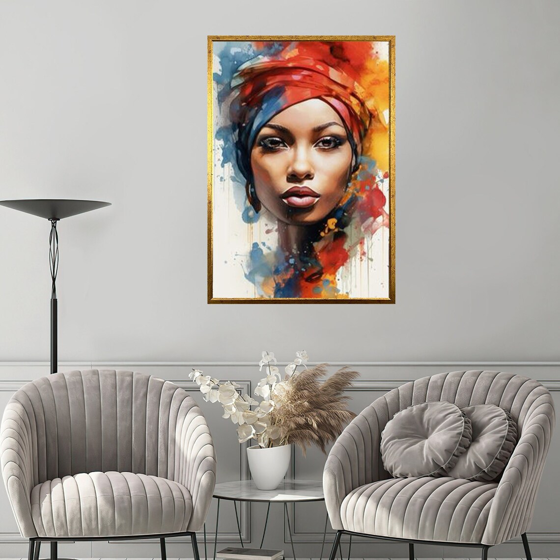 Colorful African Woman Portrait With Headwrap Watercolor Wall Art Print